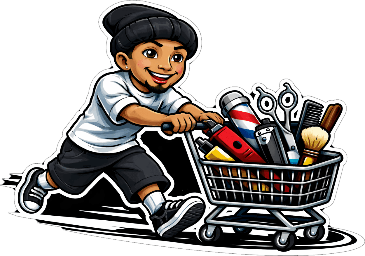 Tri-Cities Mobile Barber Supply logo: a kid in a black beanie pushing a cart full of barber tools